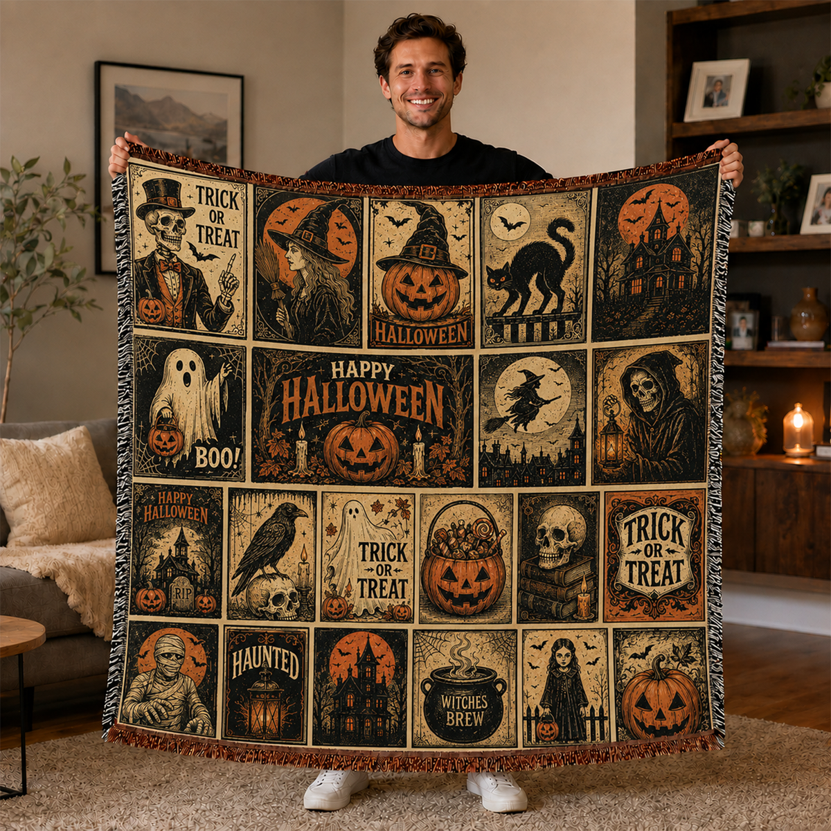 Vintage Ghost and Black Cat Halloween Woven Throw Blanket for Fall Decor