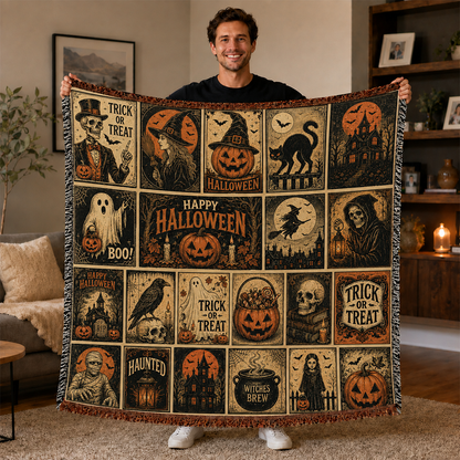 Vintage Ghost and Black Cat Halloween Woven Throw Blanket for Fall Decor