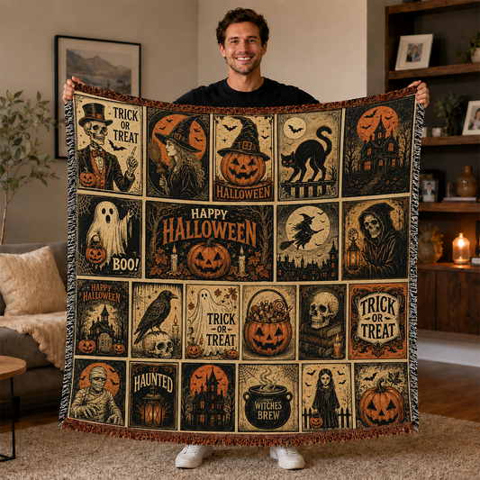 Vintage ghost and black cat Halloween woven blanket in cotton polyester fringe for fall decor
