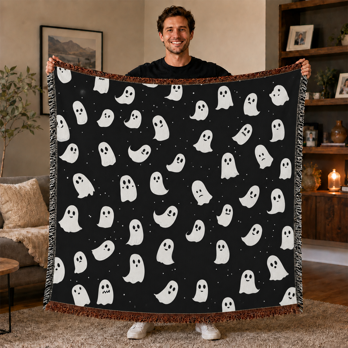 Black and White Ghost Halloween Woven Throw Blanket for Gothic Fall Decor