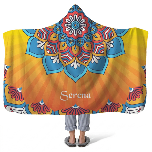 mandala personalized hooded fleece blanket with custom name in beautiful spiritual boho design
