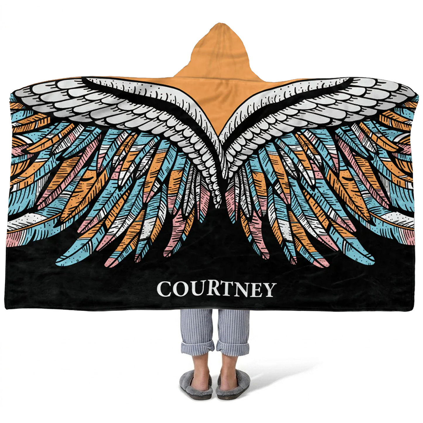 Butterfly wings personalized hooded fleece blanket with custom name for nature lovers
