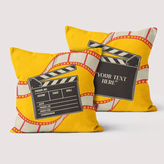 Film slate retro throw pillow displayed in room as birthday gift for movie lovers
