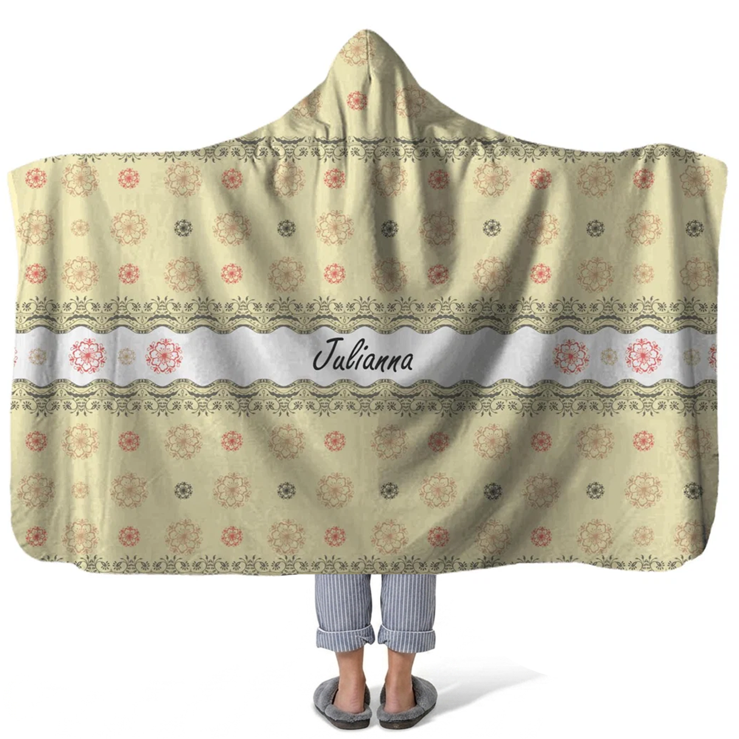 floral lace personalized hooded fleece blanket with custom name in delicate floral lace design
