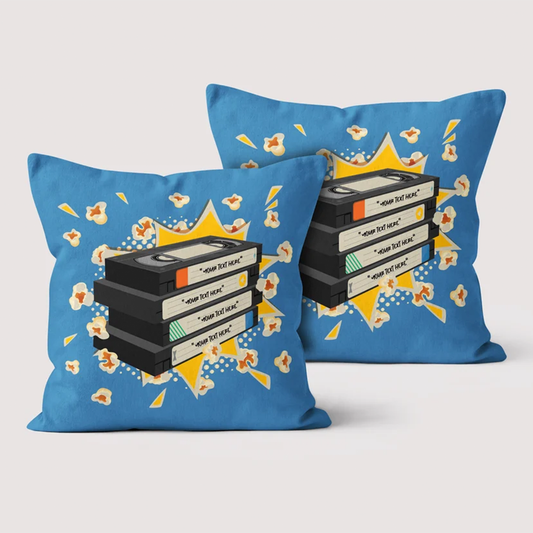 VHS stack personalized throw pillow with custom movie titles in retro design
