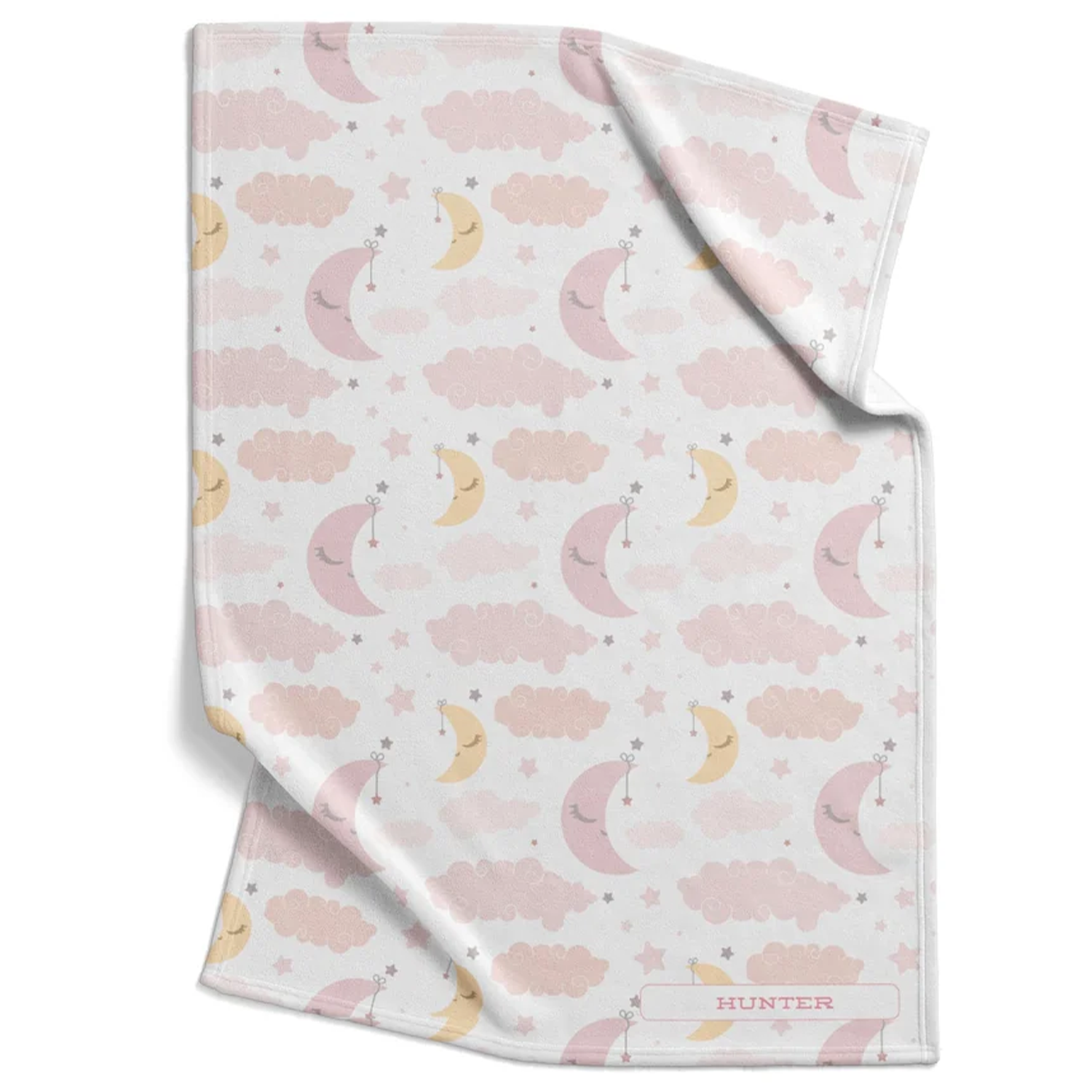 Goodnight moon baby blanket personalized with custom name in pink yellow soft fleece
