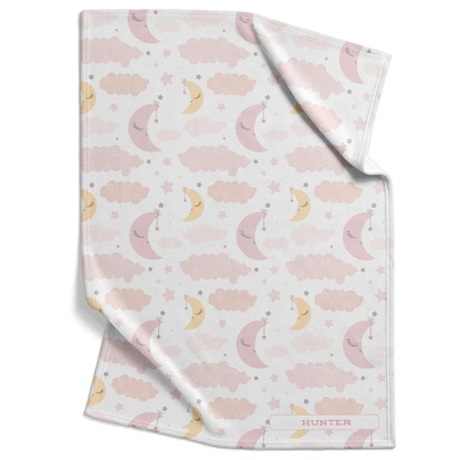 Goodnight moon baby blanket personalized with custom name in pink yellow soft fleece
