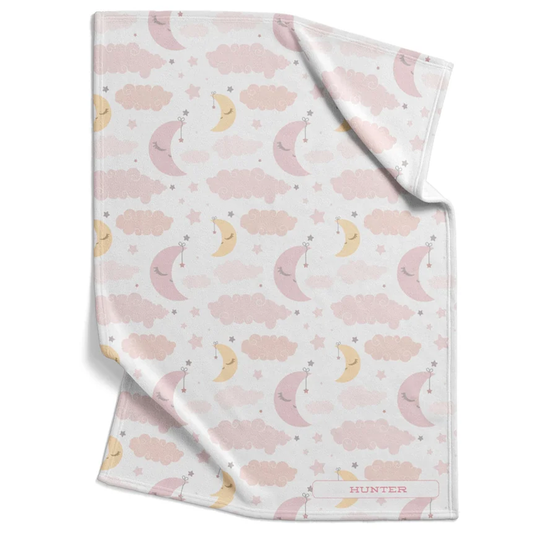 Goodnight moon baby blanket personalized with custom name in pink yellow soft fleece
