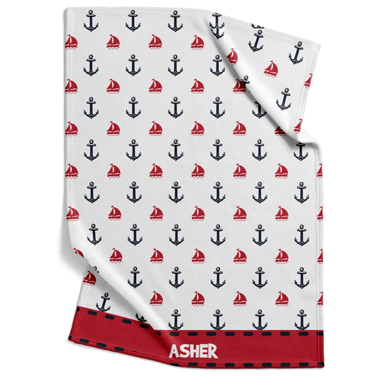Anchor print baby blanket personalized with custom name in nautical fleece for babies
