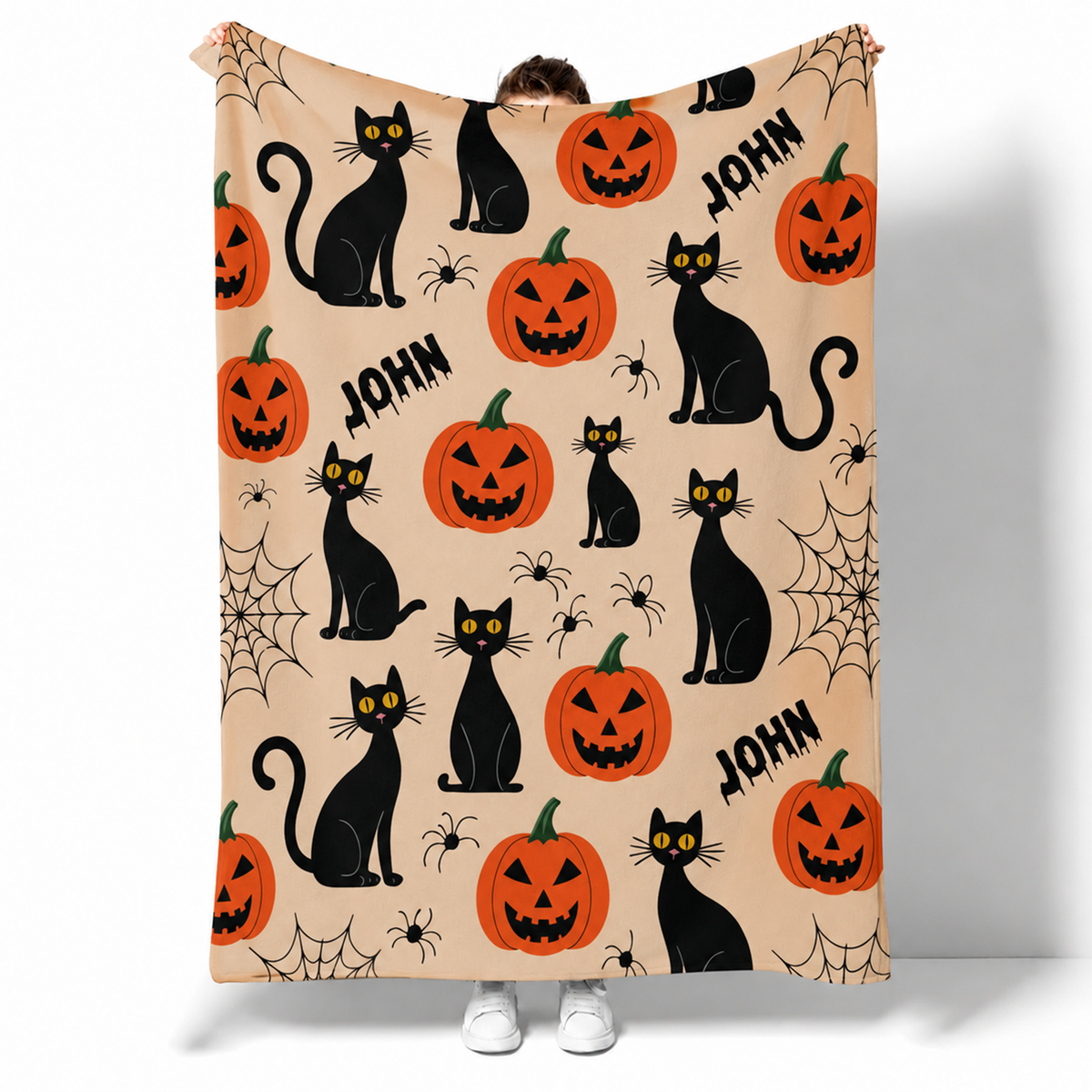 Personalized Halloween Throw Blanket | Custom Name Pumpkin & Black Cat Blanket