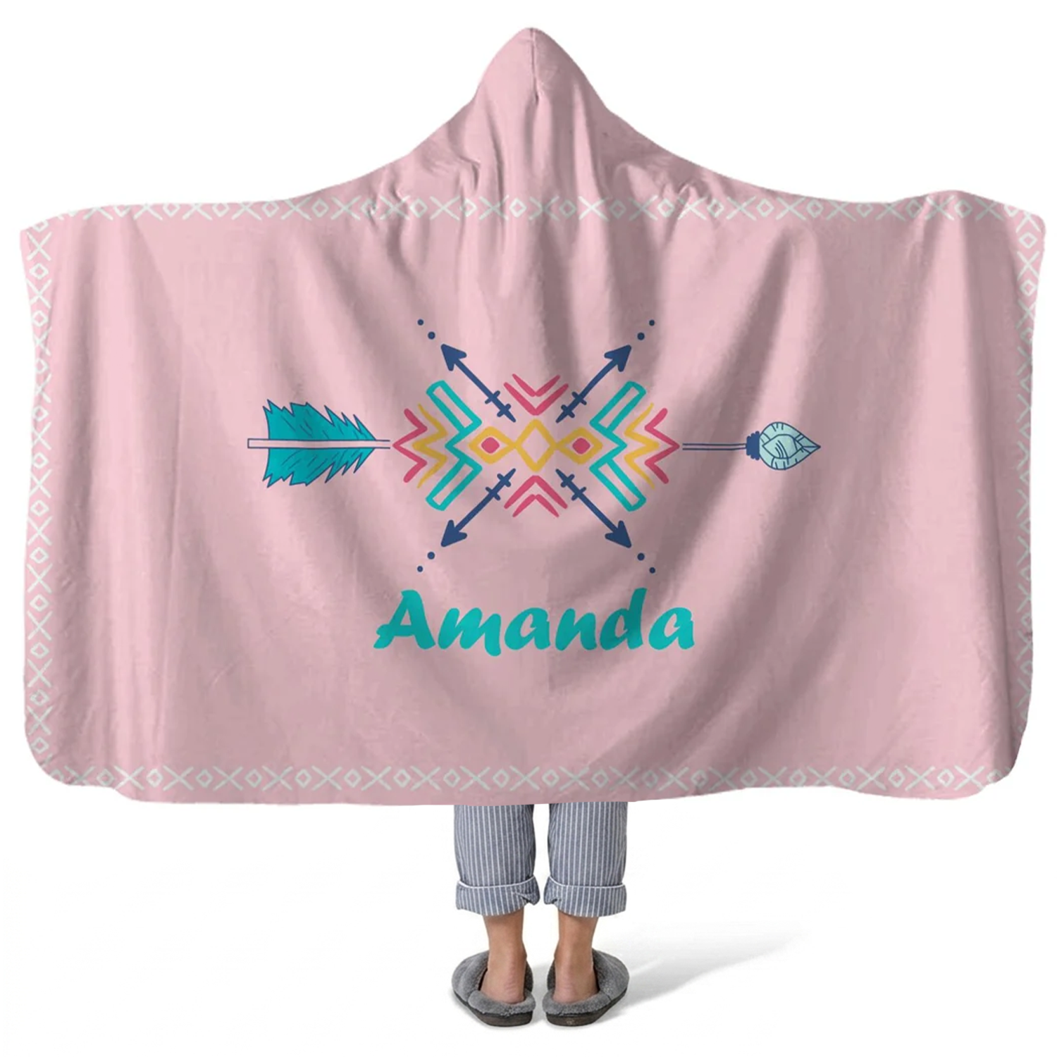 shooting star personalized hooded fleece blanket with custom name in cosmic dreamy design
