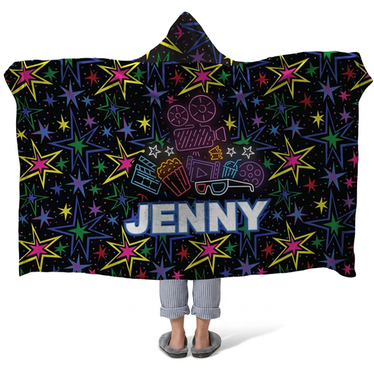 Movie night personalized hooded fleece blanket with custom name for film lovers
