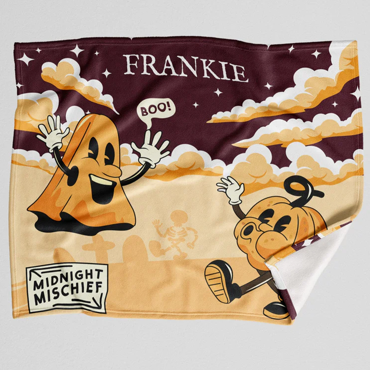 Close-up of midnight mischief retro Halloween design on polyester fleece blanket
