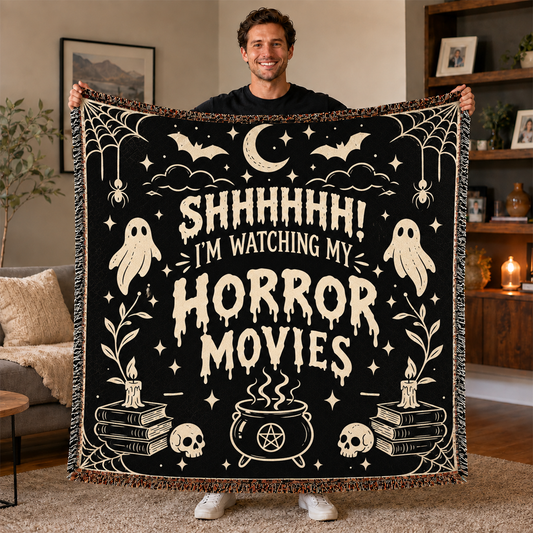 Halloween horror movies woven throw blanket in bold gothic cotton polyester for spooky decor
