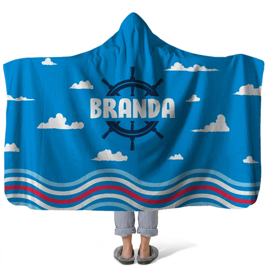 ocean breeze personalized hooded fleece blanket with custom name in calming coastal design
