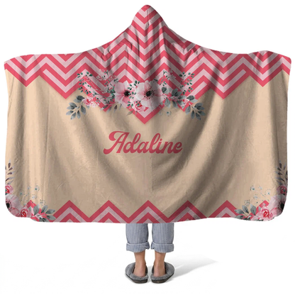 pleasant in pink personalized hooded fleece blanket with custom name in soft pink floral design
