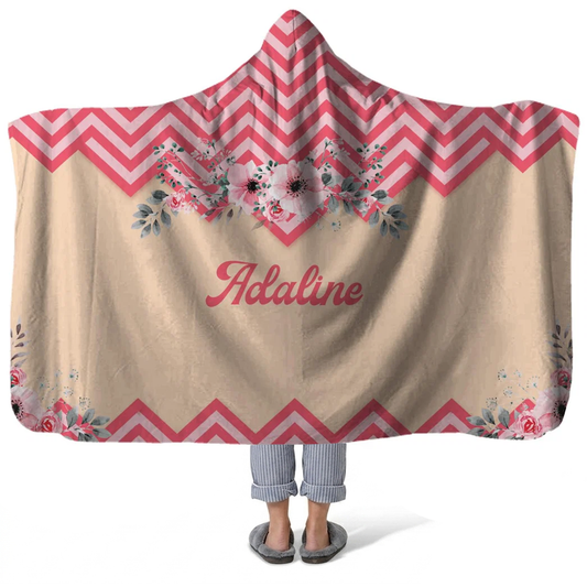 pleasant in pink personalized hooded fleece blanket with custom name in soft pink floral design
