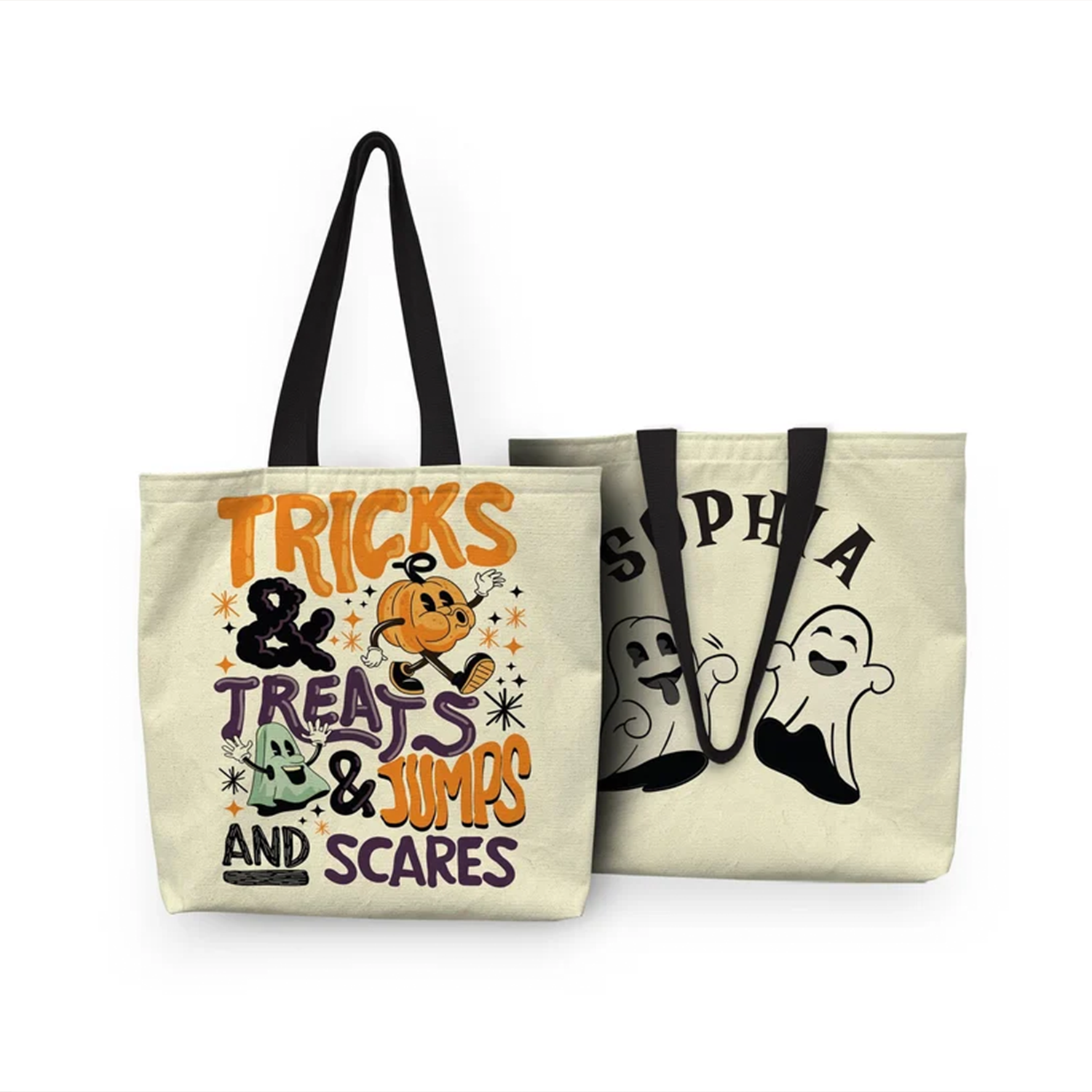 Tricks and treats Halloween tote bag with custom name in colorful retro design

