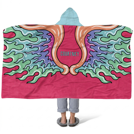 Angel wing personalized hooded fleece blanket with custom name in spiritual design

