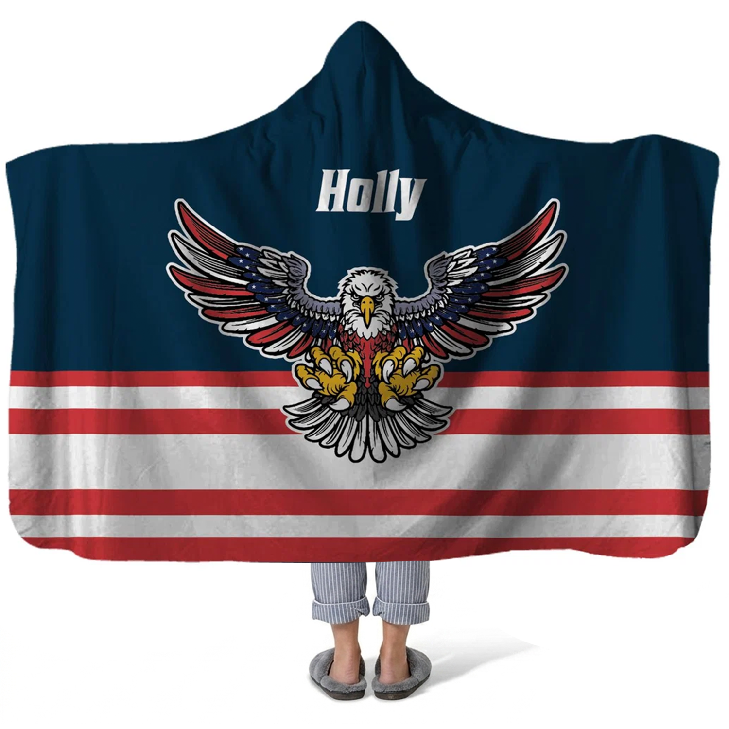 patriot party personalized hooded fleece blanket with custom name in bold American design
