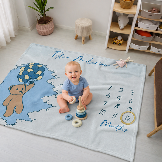 Blue baby bear balloons milestone blanket personalized with custom name for baby boys
