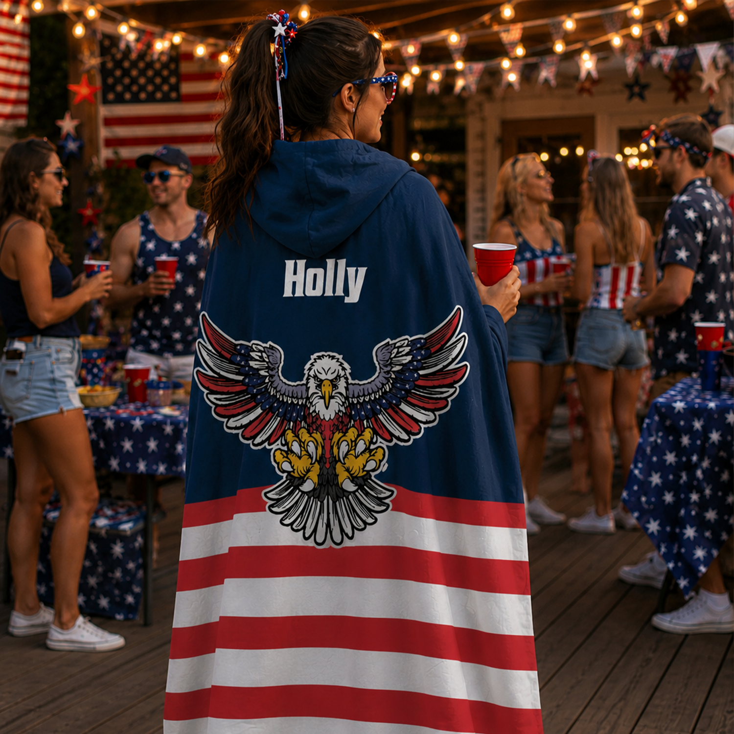 Person wearing personalized patriot party hooded blanket as meaningful birthday gift
