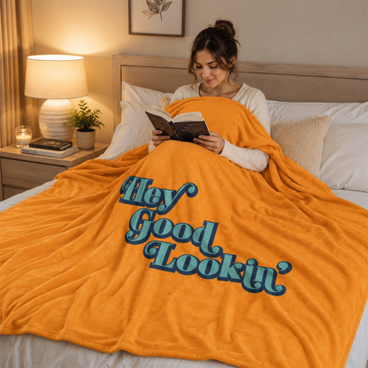 Person wrapped in hey good lookin retro throw blanket as housewarming birthday gift
