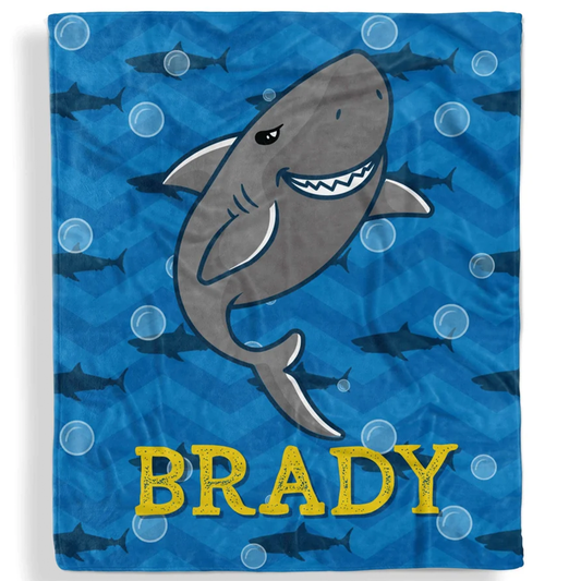 Custom name on sharky bubbles polyester fleece throw blanket for kids who love sharks
