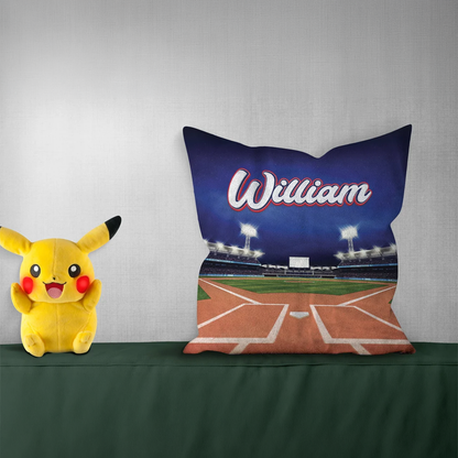 Baseball field personalized throw pillow with custom name in bold sports design
