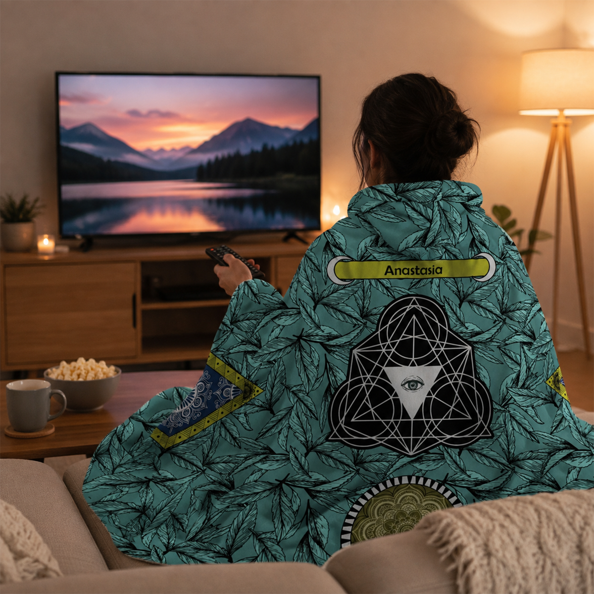Person wearing personalized bohemian princess hooded blanket as meaningful birthday gift

