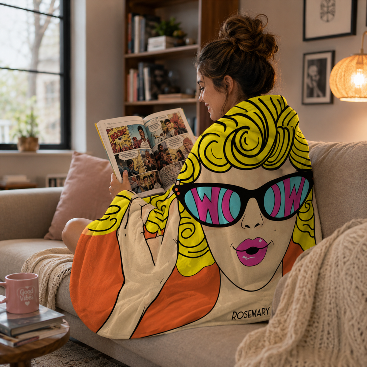 Person wearing personalized artsy comic book girl hooded blanket as meaningful birthday gift
