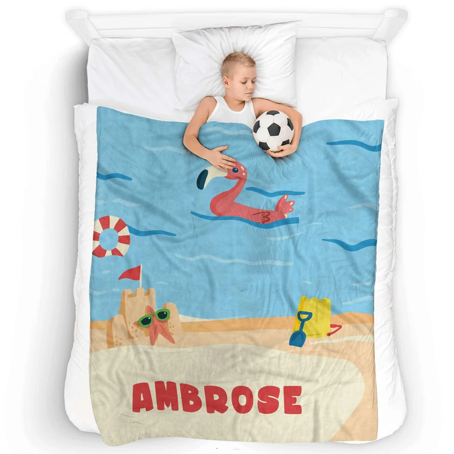 Child wrapped in personalized sandy beach shore throw blanket as birthday gift
