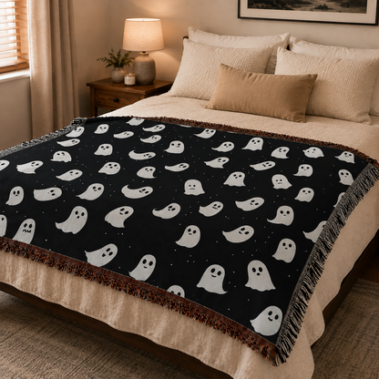 Black and White Ghost Halloween Woven Throw Blanket for Gothic Fall Decor