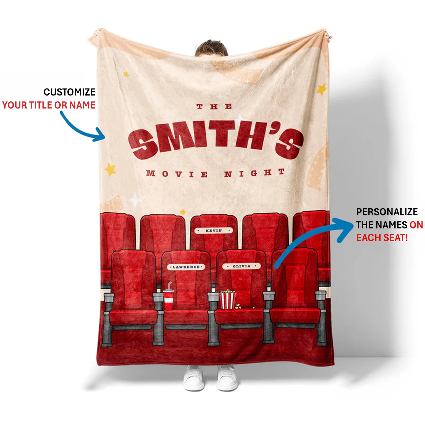 Custom names on soft polyester fleece movie night throw blanket for film lovers
