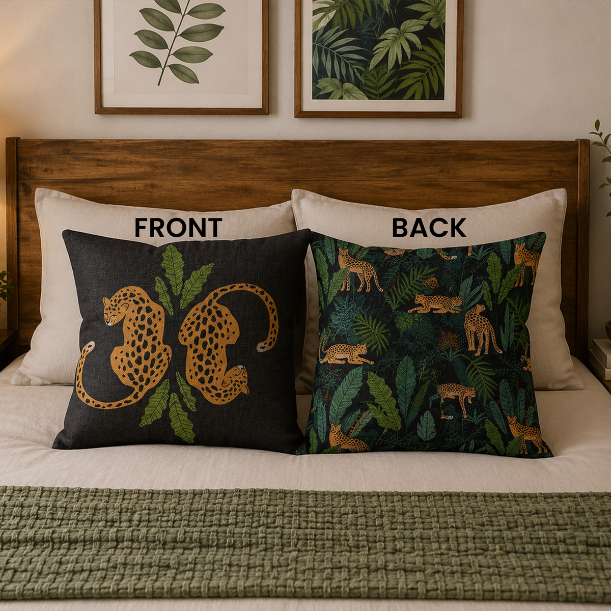 Striking black jungle cheetah cotton throw pillow for bold animal print home decor
