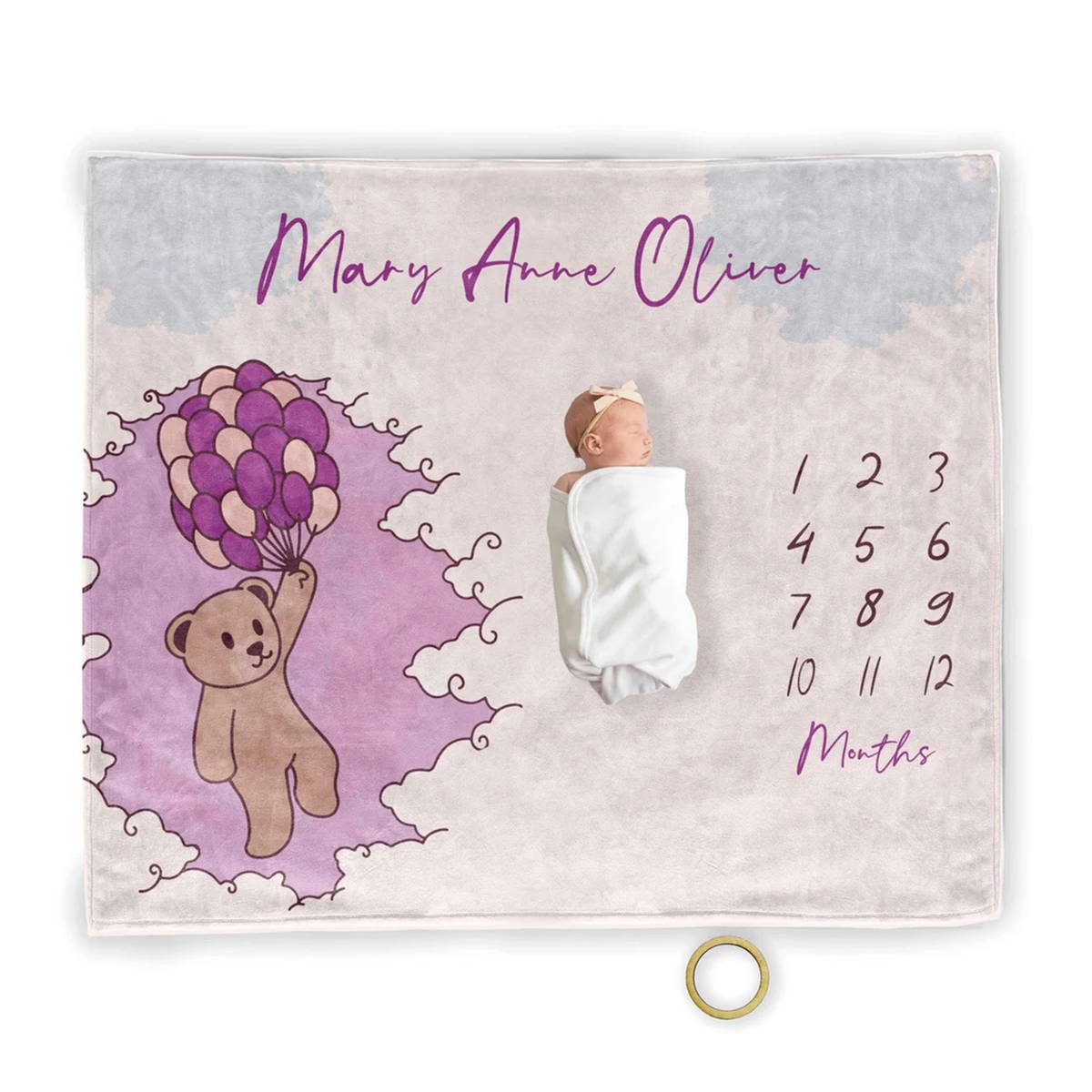 Custom name on pink bear balloons fleece baby blanket as baby girl shower gift
