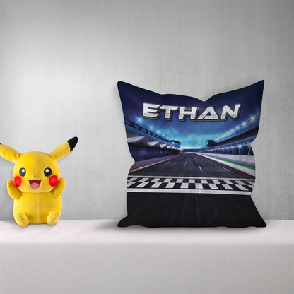Racetrack personalized throw pillow with custom name in bold racing design for fans
