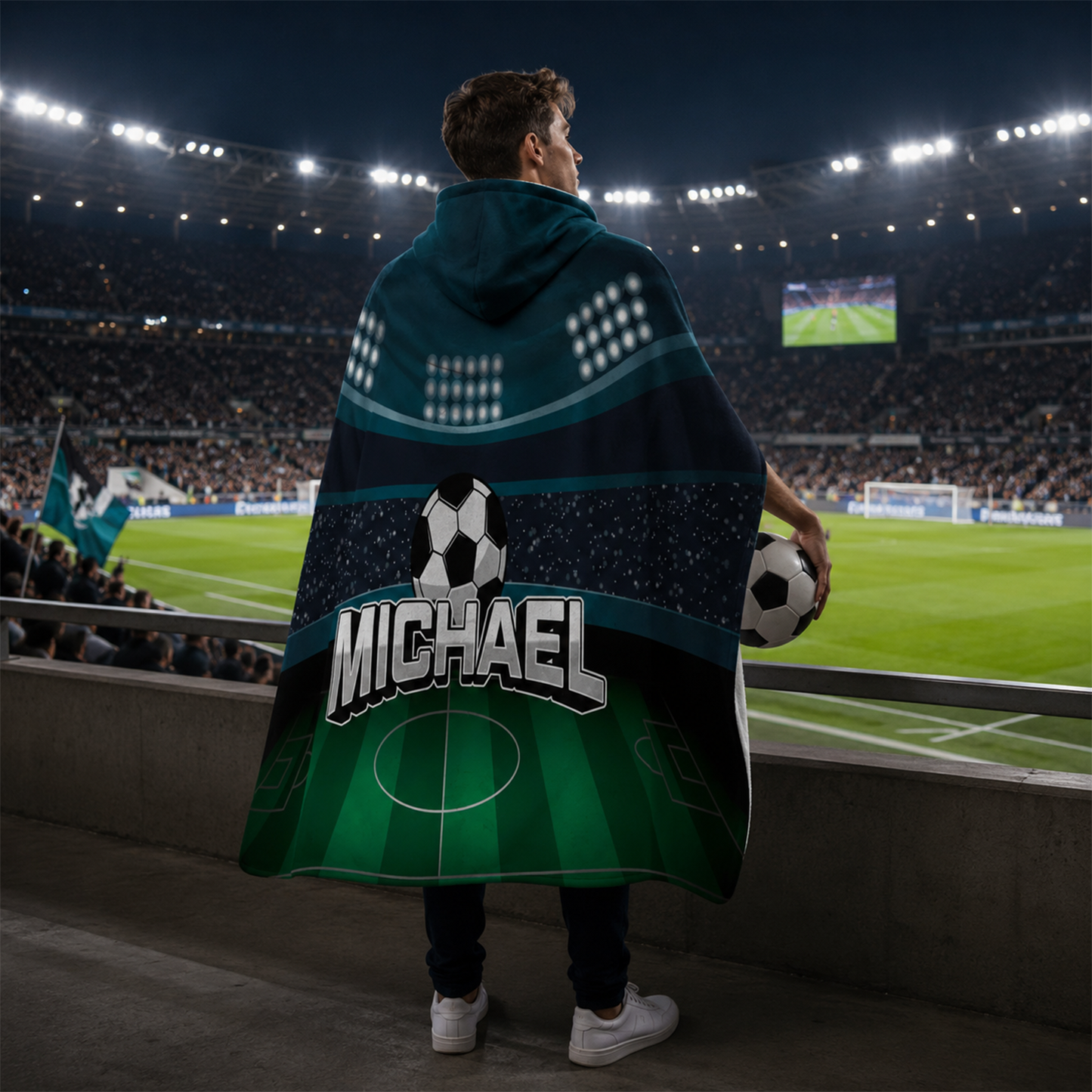 Custom name on soccer stadium Minky fleece hooded wearable blanket for players
