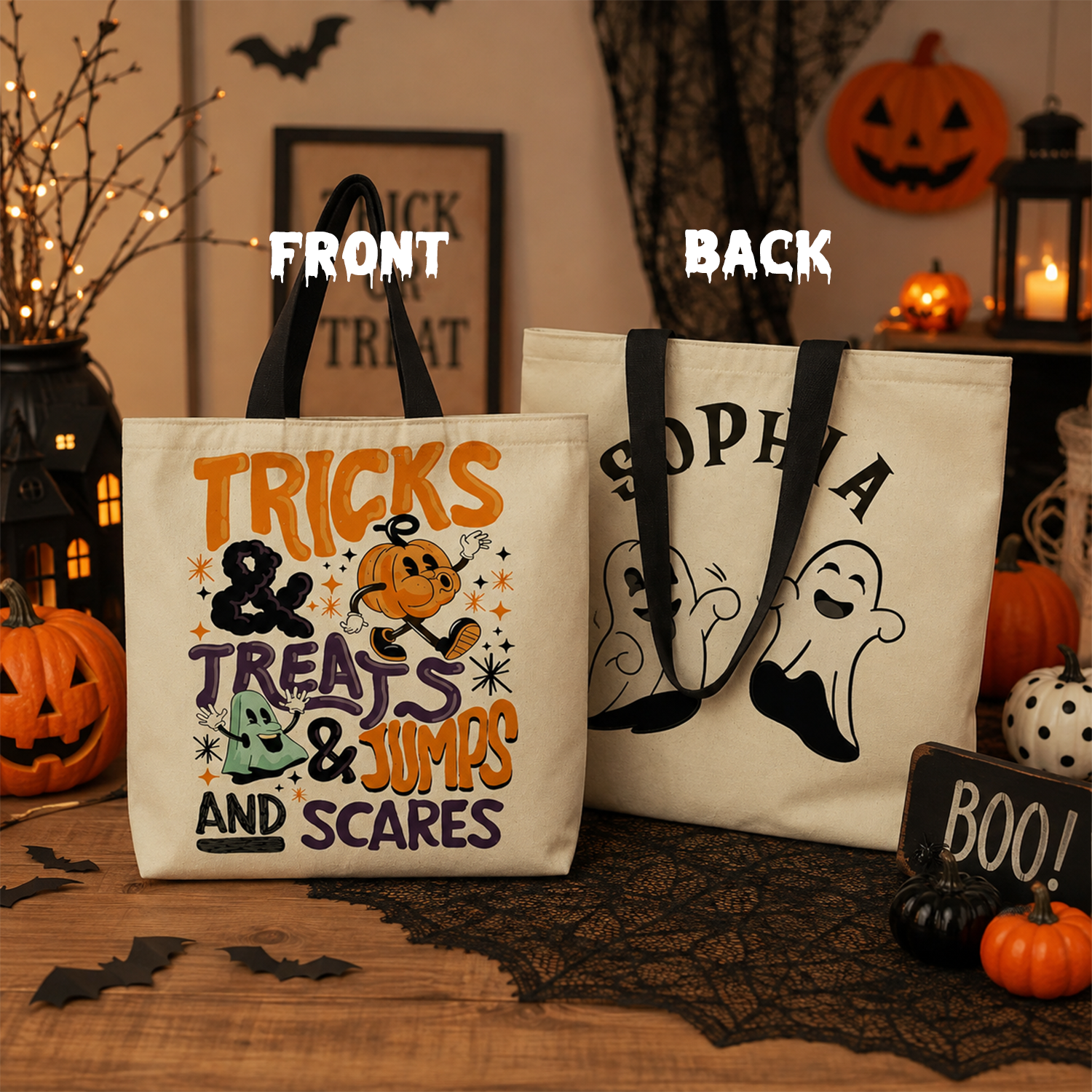 Close-up of custom name on tricks and treats cotton canvas tote bag 15 by 16 inch
