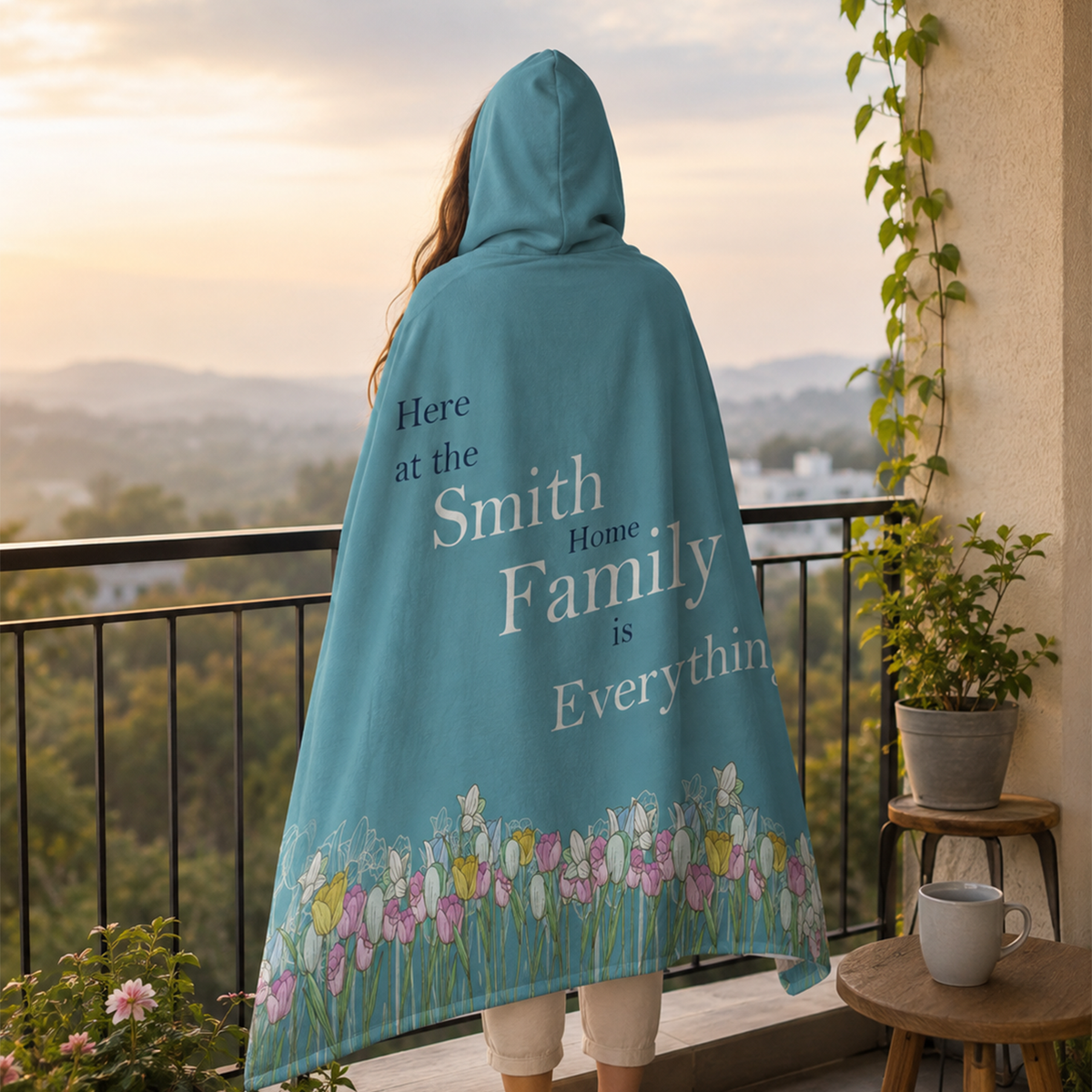 Person wearing personalized family last name hooded blanket as meaningful birthday gift
