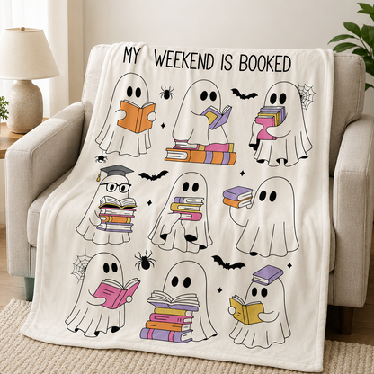 Cute Ghost Reading Halloween Throw Blanket for Book Lovers and Fall Decor