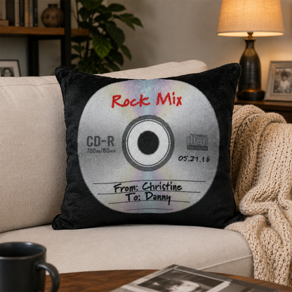 Custom song titles on mix CD cotton throw pillow for retro music and nostalgia fans
