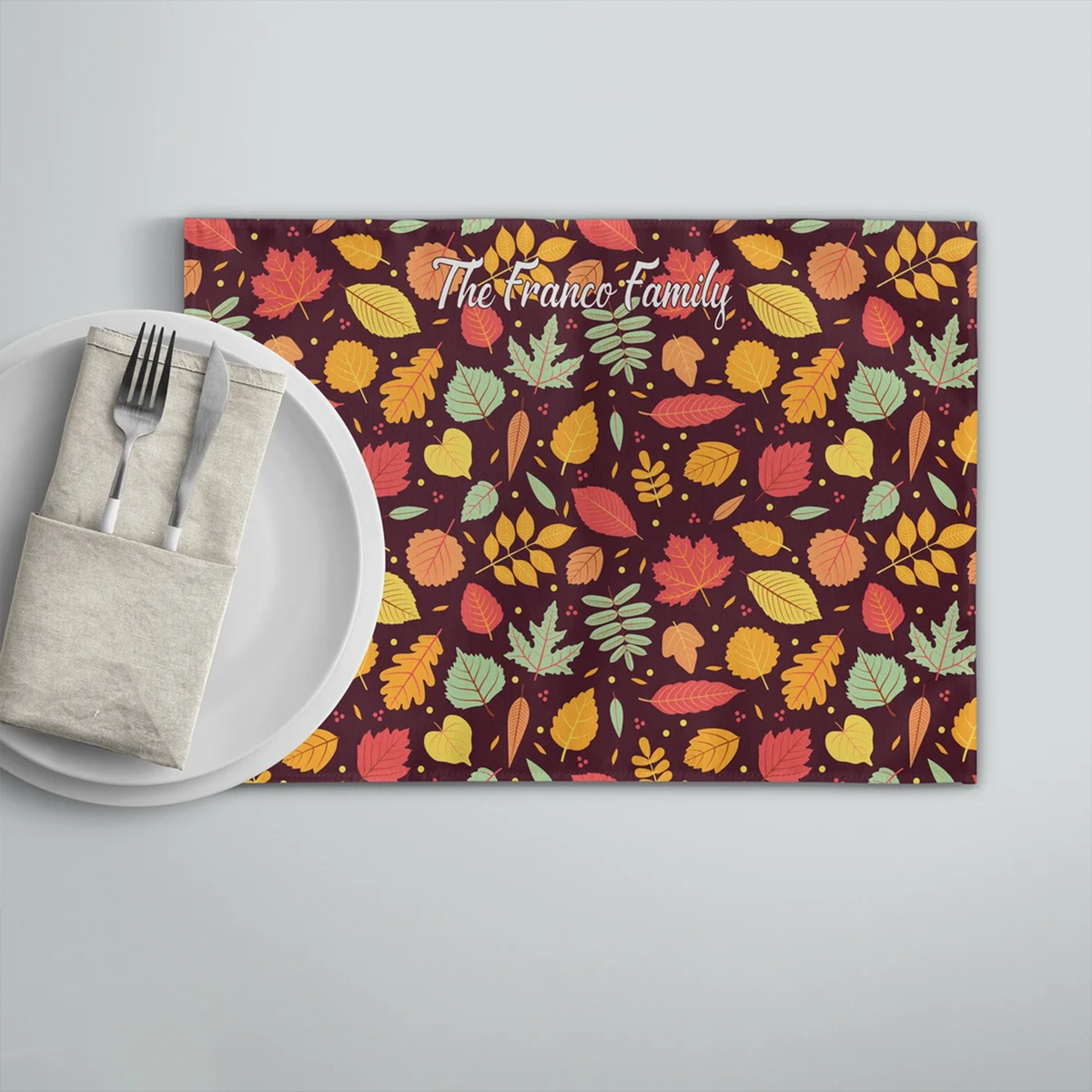 Custom name on warm pumpkin and lavender plaid cotton placemat for Thanksgiving table
