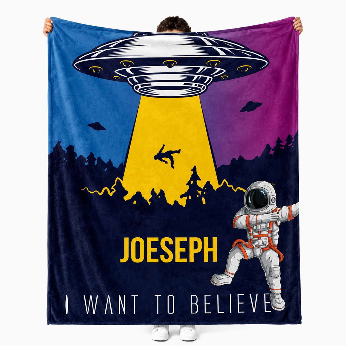 Custom name on alien invasion polyester fleece throw blanket for sci-fi loving kids
