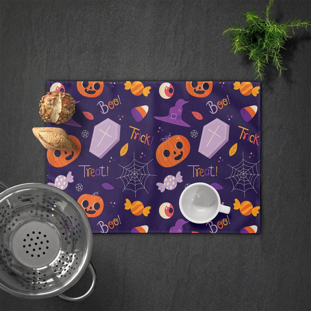 Halloween trick or treat personalized placemat with spooky pumpkin and spiderweb design
