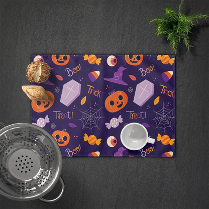 Halloween trick or treat personalized placemat with spooky pumpkin and spiderweb design
