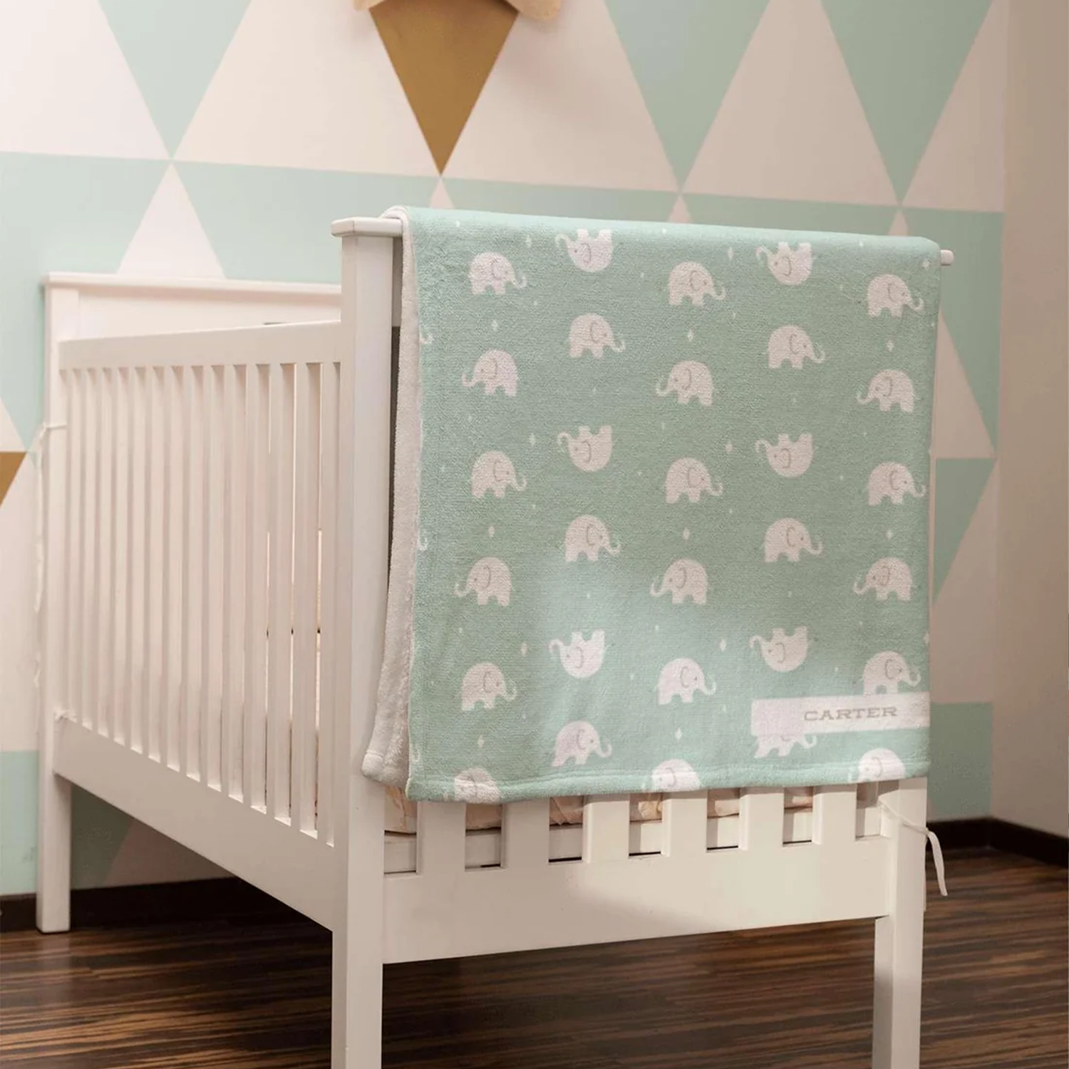 Custom name on elephant seafoam green fleece baby blanket as lovely baby shower gift
