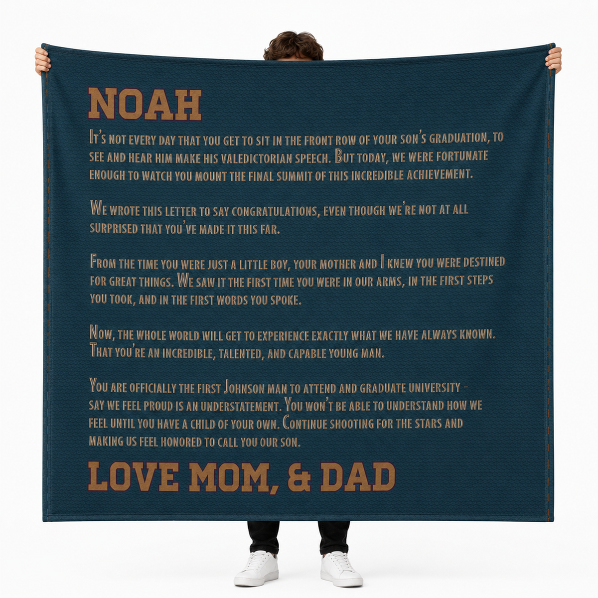 Denim letter personalized throw blanket with custom message in stylish fleece design
