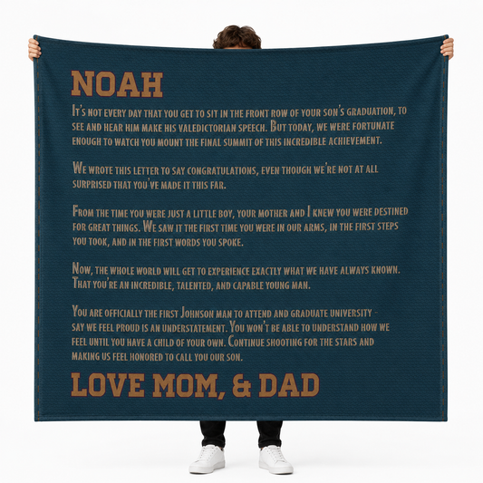 Denim letter personalized throw blanket with custom message in stylish fleece design
