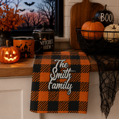 Custom name on black and orange gingham cotton tea towel for Halloween fall kitchen
